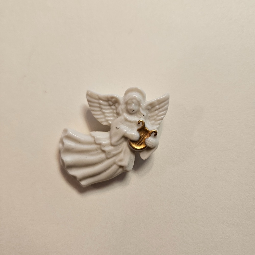 Lenox Porcelain Angel Brooch Pin Playing Lyre White‎ & Gold Trim Vintage